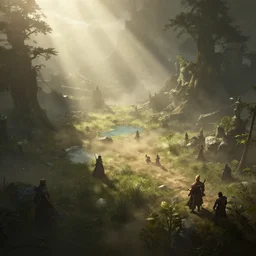 a overhead view of middle earth, mist, sunrays, dust in the air, dnd character, unreal engine, octane render, dramatic lighting, pond, digital art, by stanley artgerm lau, greg rutkowski, thomas kindkade, alphonse mucha, loish, norman rockwell,