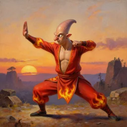 [ squidward ] wearing fire nation clothing and practicing firebending outside at susnset, oil painting, highly [ detailed ], intricate, hd, sharp, photorealistic, by [ moebius ] and greg rutkowski and thomas kinkade, trending on artstation, trending on cgsociety, realistic shading and lighting, big nose