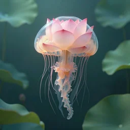 a lotus flower floating underwater like a jellyfish, leaves as tentacles, photographic, photorealistic, volumetric lighting, detailed, smooth, artstation, octane render, artgerm