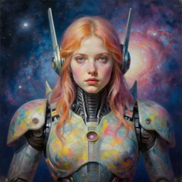 holy young female battle robot, award winning, portrait bust, symmetry, faded lsd colors, galaxy background, tim hildebrandt, wayne barlowe, bruce pennington, donato giancola, larry elmore, masterpiece, trending on artstation, cinematic composition, beautiful lighting, hyper detailed!!!, 8 k, oil on canvas