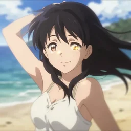 isekai beautiful grinning anime girl, beach. flat face. beautiful face, catchlight, aesthetic, golden ratio. beautiful lineart, ranking on contest, artstation, soft lighting, artistic pose, character concept, cinematic, motion blur, chromatic abberation. anime tv screenshot. by junji ito