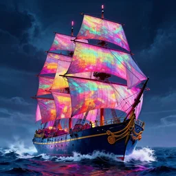 majestic sailing ship on rough stormy seas, dramatic bright neon colors, highly detailed, cinematic, synthwave, vladimir kush, chris foss, roger dean, michael whelan, lisa frank, bob eggleton, alfred kelsner, kubrick