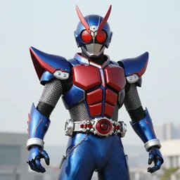 High Fantasy Dragon Kamen Rider, blue armor with red secondary color, 4k, glowing eyes, daytime, chainmail under armor, rubber suit, dragon inspired armor