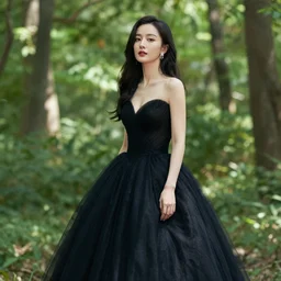 photo portrait of a beautiful woman wearing a black gown in a bright forest