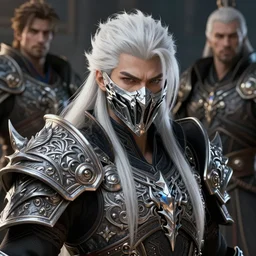 male portrait, handsome, detailed white long hair, intricate assasin armor and face mask, by ilya kuvshinov, peter mohrbacher, greg rutkowski, ryohei hase, dramatic lighting, intricate, highly detailed, diablo 3, sharp focus, luminous, blender, deviant art, masterpiece, ray tracing