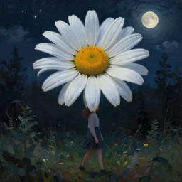 giant daisy flower on the head, girl walking in forest, surreal photography, dark night, stars, moon light, impressionist painting, clouds, digital painting, artstation, simon stalenhag