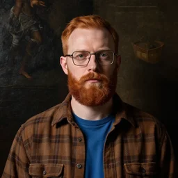 a man with short neat ginger hair, neat ginger beard, square glasses, plaid brown shirt, blue t shirt, baroque painting, carvaggio, harsh shadows