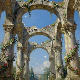 Broken arches leading to the pillars of eternity draped with flowers and vines, blue sky, lens flare, a sense of awe, cinematic, ultra detailed, oil painting by caravaggio,-W 768
