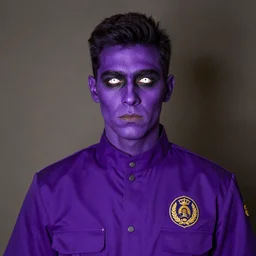 a man with purple skin and glowing white eyes, dressed in a purple night guard uniform with a golden badge on his shirt