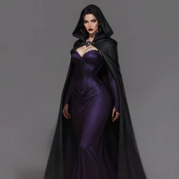 Fantasy portrait, Necromancer, female, alluring, beautiful face, dark garments, dark pruple robes, corset, Black cloak from neck to ankles, pin-up, shapely toned derriere, matte painting, by WLOP, artstation