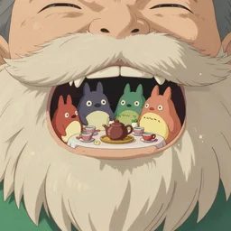 tiny imaginary creatures having a tea party inside a human's beard. anime. in a style of hayao miyazaki.