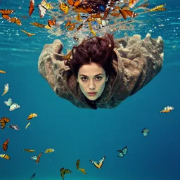 a closeup portrait of a woman wearing a cloak, diving not a pool filled with millions of butterflies, color photograph, by vincent desiderio, canon eos c 3 0 0, ƒ 1. 8, 3 5 mm, 8 k, medium - format print