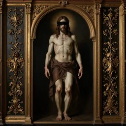 full - body portrait of a creepy realistic jesus christ wearing blindfold!!!!!!!!!!!!!!!!!!!!!!!!, traditional art, dark, surrealism, german romanticism style, ornate and elegant, hightly detailed