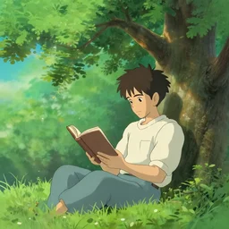 man reading a book under a tree, digital art, artstation, studio ghibli