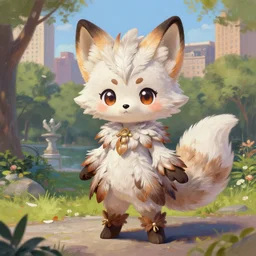 a cute chibi harpy fox - girl fursona completely covered in feathers and wearing a full outfit made of feathers is standing in anime scenery central park new york. trending on pixiv. trending on artstation. a vibrant digital oil painting. a highly detailed drawing of a character portrait by terese nielsen and edvard gurney guay