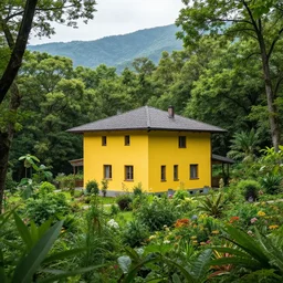 a square yellow house surrounded by a beautiful forest full of plants and flowers, with mountains in the background