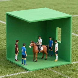 I played soccer with about five people inside a big green cube with no ceiling and two small aisles on each side that I didn't go into. At first I played with my feet, getting very tired, but then I built myself a horse and played on it. At the end of the round, when the judge was counting, I fucked him across the cube and so they counted me as the winner.