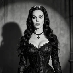 b & w photo of morticia addams as played by sofia vergara
