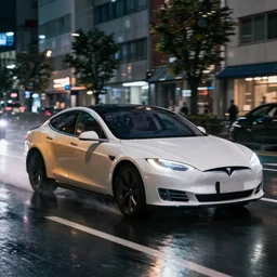 A modified Tesla model S drifting on rainy Tokyo streets, night Time, 4k, 8k, cinematic shot