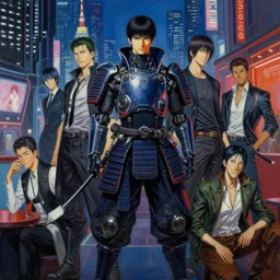 portrait full body samurai cyberpunk futur tokyo city night club by gaston bussiere, greg rutkowski, yoji shinkawa, yoshitaka amano, tsutomu nihei, donato giancola, tim hildebrandt, oil on canvas, trending onartstation, featured on pixiv, cinematic composition, extreme detail