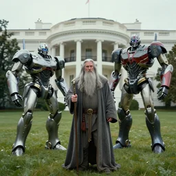 gandalf attacks the white house, cybertronian, long shot, cinematography by wes anderson, 4 k octane render, intricate detail, photorealistic, cinematic lighting, artstation