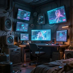 Interior of a cyberpunk bedroom cluttered with electronics, screens, holograms, close up, Wadim Kashin, Simon Stalenhag,  XF IQ4, f/1.4, ISO 200, 1/160s, 8K, RAW, featured in artstation, octane render, cinematic, elegant, intricate, 8k