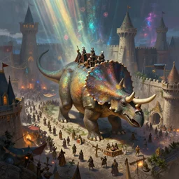 an intricate colorful matte painting of An epic stronghold crusader screenshot of bustling city street with festival going on, on the back of a gigantic triceratops, highly detailed iridescent dimly lit exterior with shafts of iridescent light bouncing off magical realms, by Christophe Vacher and Bastien Lecouffe-Deharme, trending on artstation