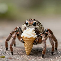 a cute spider holding an ice cream cone the spider is eating the ice cream cone, A cute spider, ultra high quality model, 4k