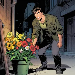 Spawn (Al Simmons) selling flowers in an alley at night, comic book, by Todd MacFarlane
