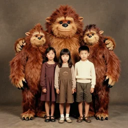 sasquatchs family photograph in a vintage studio fuji film