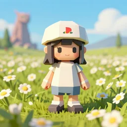 lowpoly ps 1 playstation 1 9 9 9 anthropomorphic lurantis girl standing in a field of daisies wearing shoes and a crockett hat, mount doom in the distance digital illustration by ruan jia on artstation