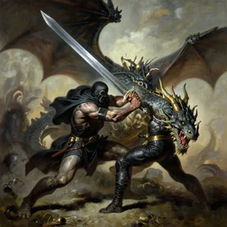 the death dealer with a giant sword killing a dragon by franza frazetta
