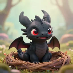 a portrait of a cute happy tiny black dragon cub inside a nest, red eyes, artstation, by magali villeneuve, by greg rutkowski, depth of field, beautiful lighting, pastel colors, bokeh, fantasy art