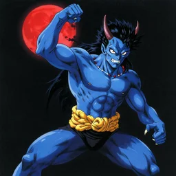 it's an anime drawing by akira toriyama, it depicts characters from one of his manga series. the central figure is a blue demon, his arm raised, ready to fight. the background is black, there is a red moon in the sky, which is slightly demonic. the effect is rather sinister.