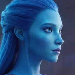 Face of blue woman, a human superhero with ethereal glowing blue skin. Close-up side profile portrait. Movie still frame. Weta Digital. Animal Logic. Industrial Light & Magic.