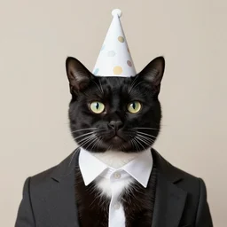 man with the head of a tuxedo cat, wearing a party hat