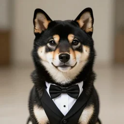 Black and tan Shiba Inu in a tuxedo as a secret agent, 4k, digital art, high detail