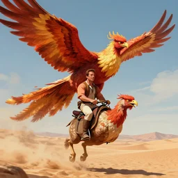 arnold schwarzenegger riding a giant phoenix in the desert, cinematic shot, digital illustration, art by greg rutkowski, epic, fantasy, amazing detail, intricate