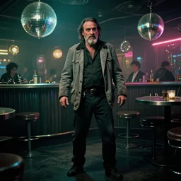 the full - body shot of drunk arrogant old wrinkled unkempt drunkard joaquin phoenix with sideburns beard worn in grey jacket in steampunk fallout disco bar, shot from withnail & i movie with cinematography of christopher doyle, frostpunk, neon gloomy light, discoball reflections, anamorphic, optical flares, kodak film, sharp focus, 8 k