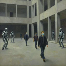 drab workers wearing masks walking along cloisters, brutalist courtyard, watched by robots, dystopian, pj crook, edward hopper, oil on canvas