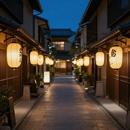 night photography of kyoto alleyway at night, golden lanterns, traditional and modern store fronts, bokeh, award winning, dslr, nikon