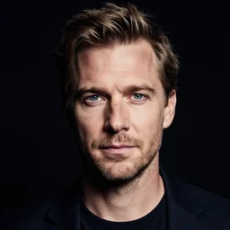 award-winning portrait photo of Dutch actor Merijn Oerlemans, black background, dramatic lighting