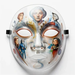glass mask design, character sheet, Moebius, Greg Rutkowski, Zabrocki, Karlkka, Jayison Devadas, Phuoc Quan, trending on Artstation, 8K, ultra wide angle, zenith view, pincushion lens effect.