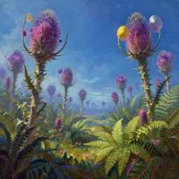 alien forest of giant thistles and ferns, vibrant, painting from a sci - fi novel cover, award winning concept art, in the style of no man's sky, trending on artstation