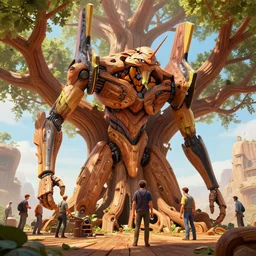 engineers work around a giant 1 0 0 ft orgainc wooden tree mech, solarpunk, organic mech made of wood, wooden evangelion, cinematic lighting, octane render, 3 d pixar disney digital cgi rtx hdr painting, highly detailed, artstation cgsociety masterpiece, by syd mead, greg rutkowski, wlop, artger