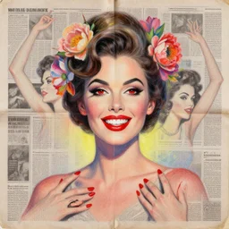 a handmade collage portrait painting with newspapers of a women from 1 9 8 0 s, red eyes, white teeth, red nails, high detailed, flowers, retro style painting, retro pastel colored palette, grain and texture, dancing heads, illustration, oil pastel drawing, symetrical, in the middle, looking to camera, high shoulders, gradient lighting at the back, sharp teeth, red paint stains, extremely elegant drawing, looking straight, lens correction, sharp focus, 8 k