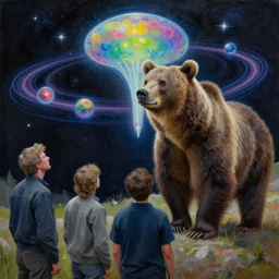 a realism painting of a grizzly bear observes the space - time continuum on heroic dose of psilocybin by, alex grey, android jones, and aaron brooks, and chris dyer, highly detailed and realistic