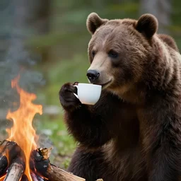 a candid photo of a bear holding a cup, drinking a coffee, by the campfire, cozy