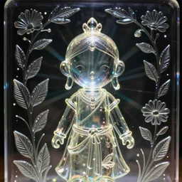 close up portrait of Daralima the shining glass figurine, in empty space, embossed panel with leaves and flowers, carefully crafted, refracting light, caustics, light rays beaming through, epic 8k, Zeiss 75mm