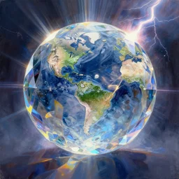 an acrylic illustration of an intricate and faceted crystal ball with a world inside of it + impasto + dissolving in to light + prism + god rays + dramatic lightning + backlit + specular + caustics